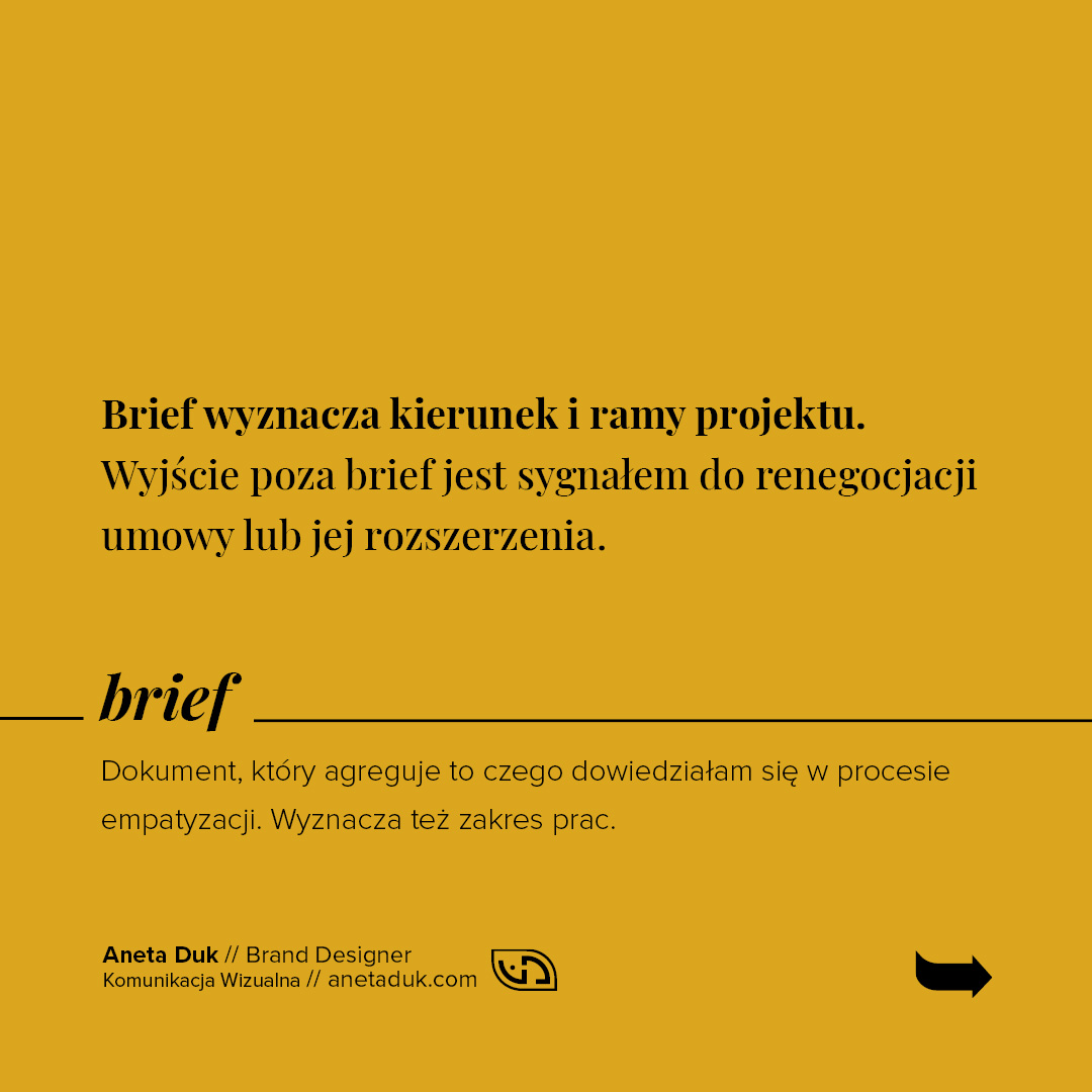 Brief. Dokument, który agreguje to czego dowiedziałam się w procesie empatyzacji. Wyznacza też zakres prac.